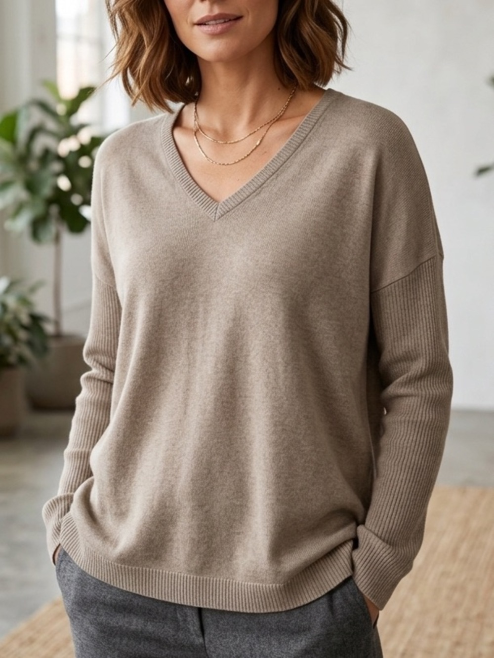 Eileen Fisher V-Neck Oversized Tunic Sweater Taupe Beige Ribbed Sleeves L